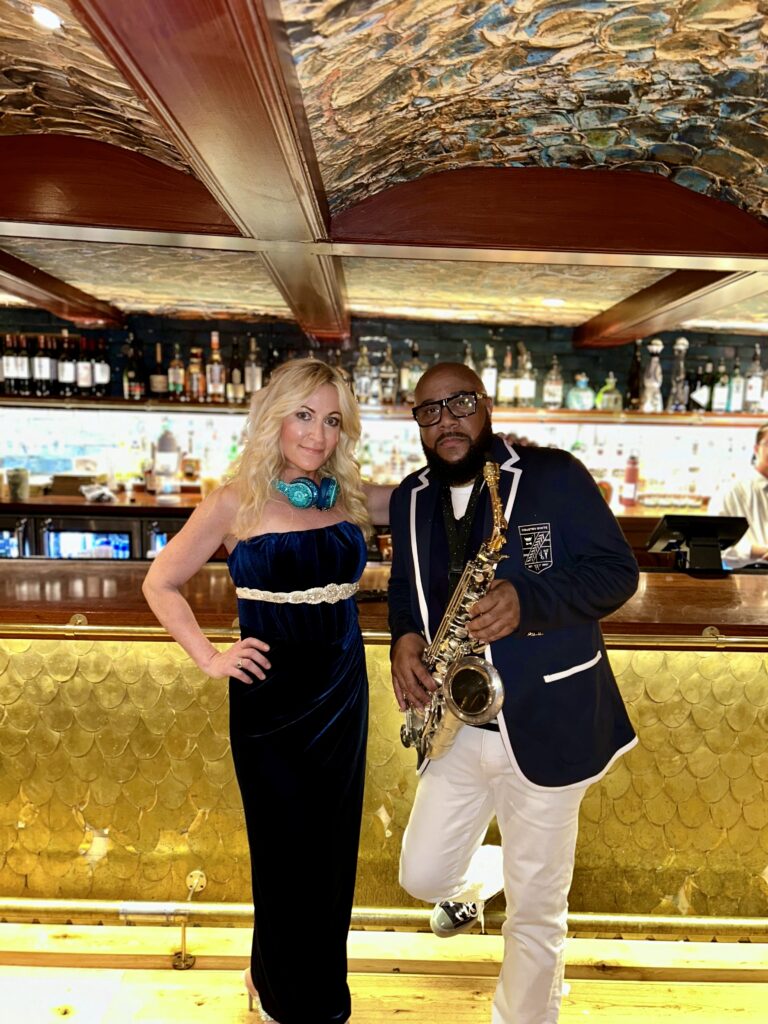 DeeJay Shelly and John “Sax” Williams performing together as Sax on Fire – DJ and live saxophone entertainment in Philadelphia aboard the Moshulu.